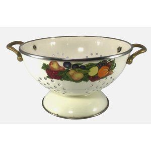 Vintage Regency Club Cream-Colored Enamel Colander Strainer with Fruit Design